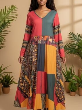 Boho Patchwork Maxi Dress - Red, Mustard & Green